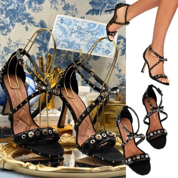 🆕 KURT GEIGER LONDON 🧿 NWOB Mini Bow Eyelet Heel Sandal, Black - Sz 39 US 8.5 - Picture 1 of 14